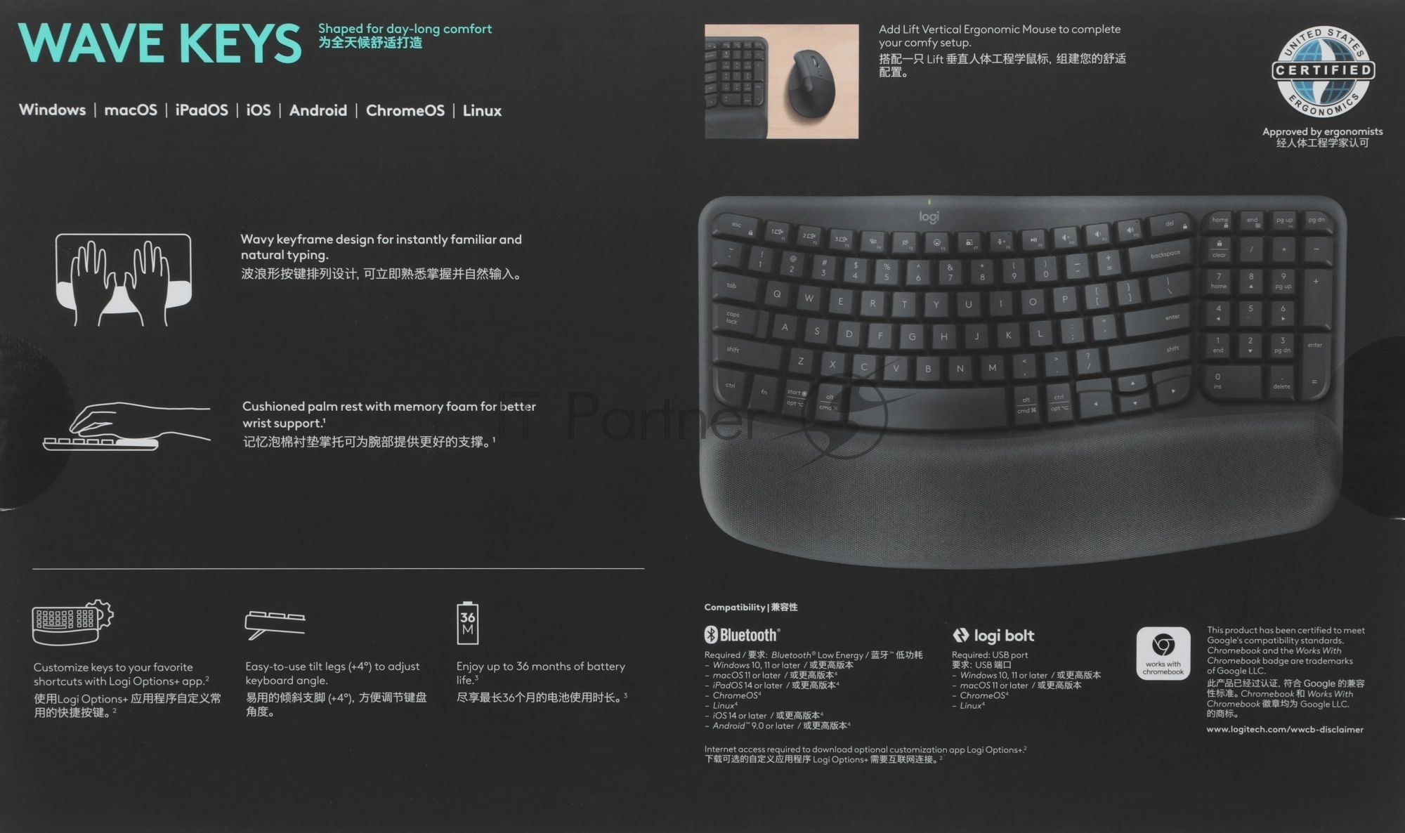 Клавиатура Logitech Wave Keys беспроводная, Bluetooth, радиоканал, серый