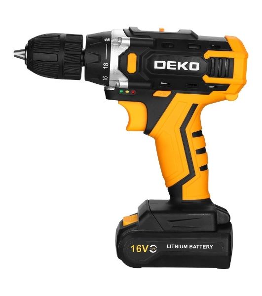 Дрель-шуруповерт Deko Sharker 16V, 16 В, 1,5 Ач, 32 Нм, щеточный