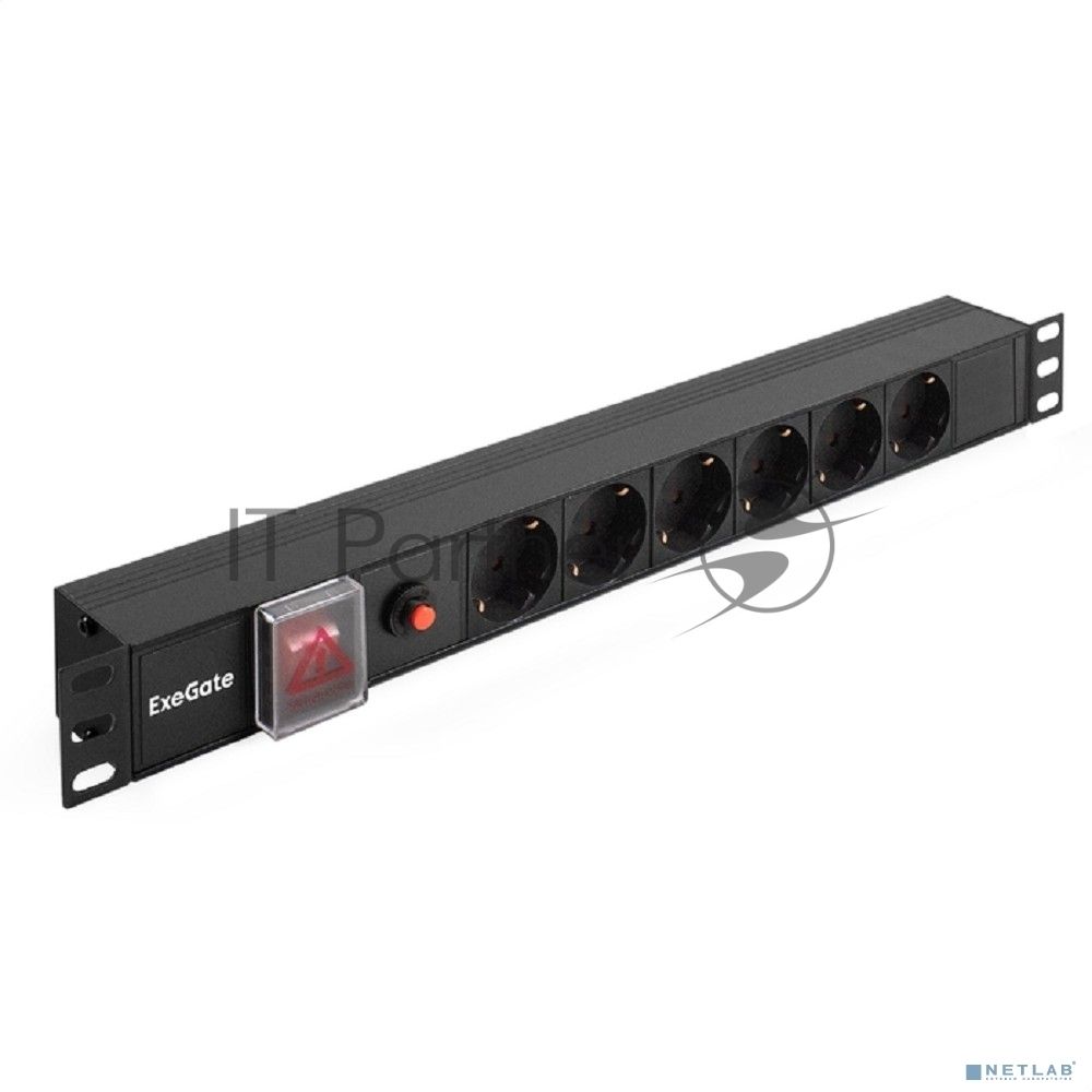 Блок розеток горизонтальный ExeGate ServerPro PDU-19H605 Al-6S-C14-SW-O, 19", 1U, Алюминий, 6 Schuko, С14, выкл. с подсветкой, защита от перегрузки, черный
