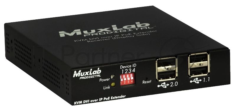 Приемник-декодер DVI, USB2.0 и KVM over IP, сжатие JPEG2000, с PoE MuxLab 500771-RX
