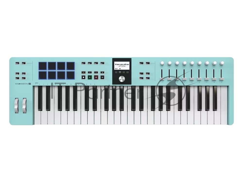 Клавиатура MIDI 231524 Arturia KeyLab Essential 49 mk3 Aquamarine 49 клавиш, LCD дисплей, 9 энкодеров, 8 пэдов, 9 фейдеров, 12 кнопок управления, колеса высоты тона и модуляции, 1/4" Jack вход для педали, MIDI выход, Type-C