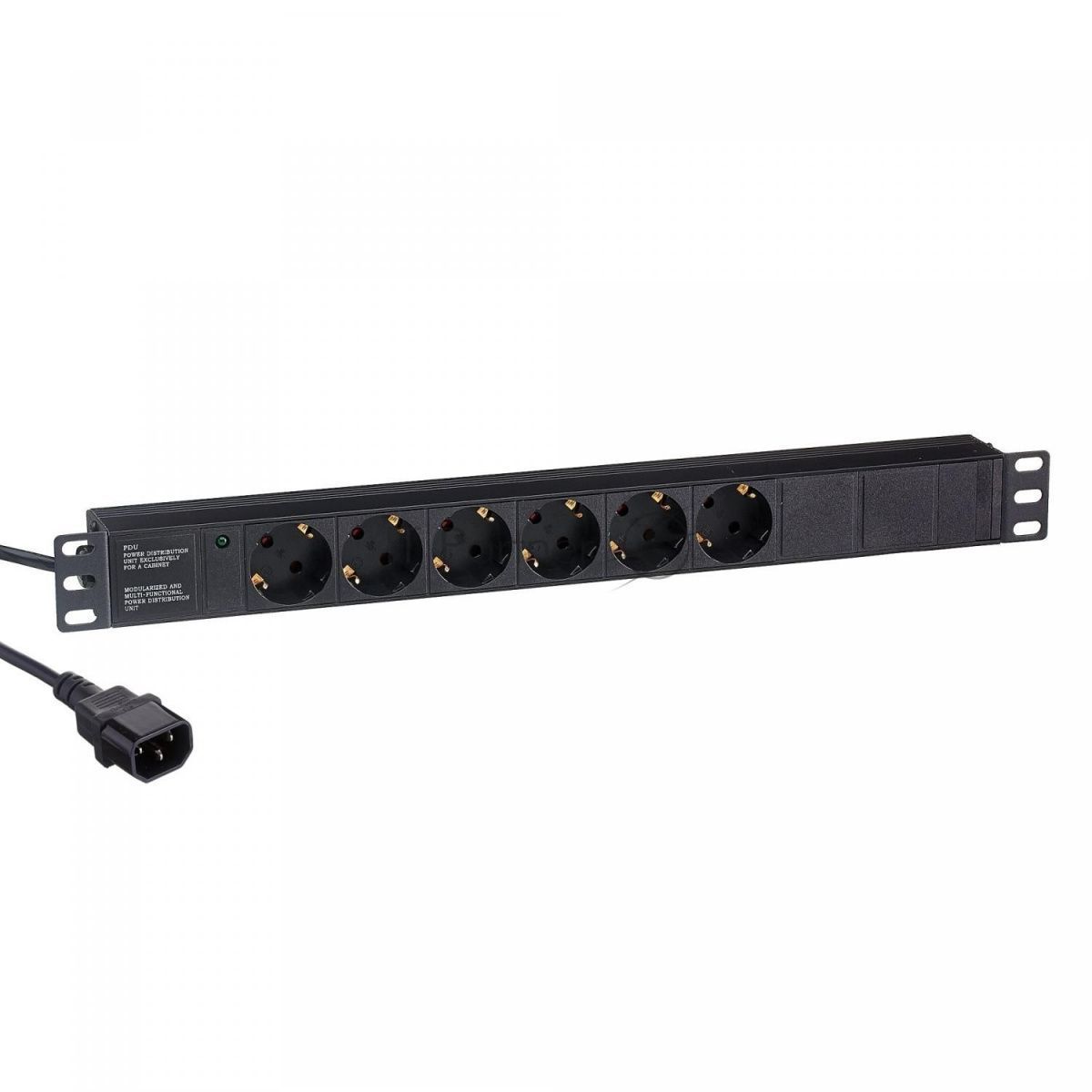 Блок розеток горизонтальный ExeGate ServerPro PDU-19H604 Al-6S-C14-2.5, 19", 1U, Алюминий, 6 Schuko, кабель с вилкой C14 VDE-250V-10A-3*1.5мм2, 2.5 метра, черный