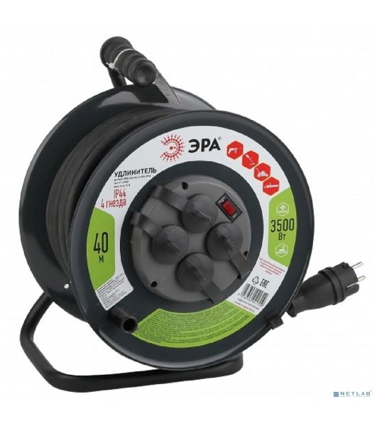 Удлинитель силовой ЭРА RMx-4es-3x2.5-40m-IP44(KG) на метал. катушке с/з 4 гнезда 40 м КГ 3х2.5