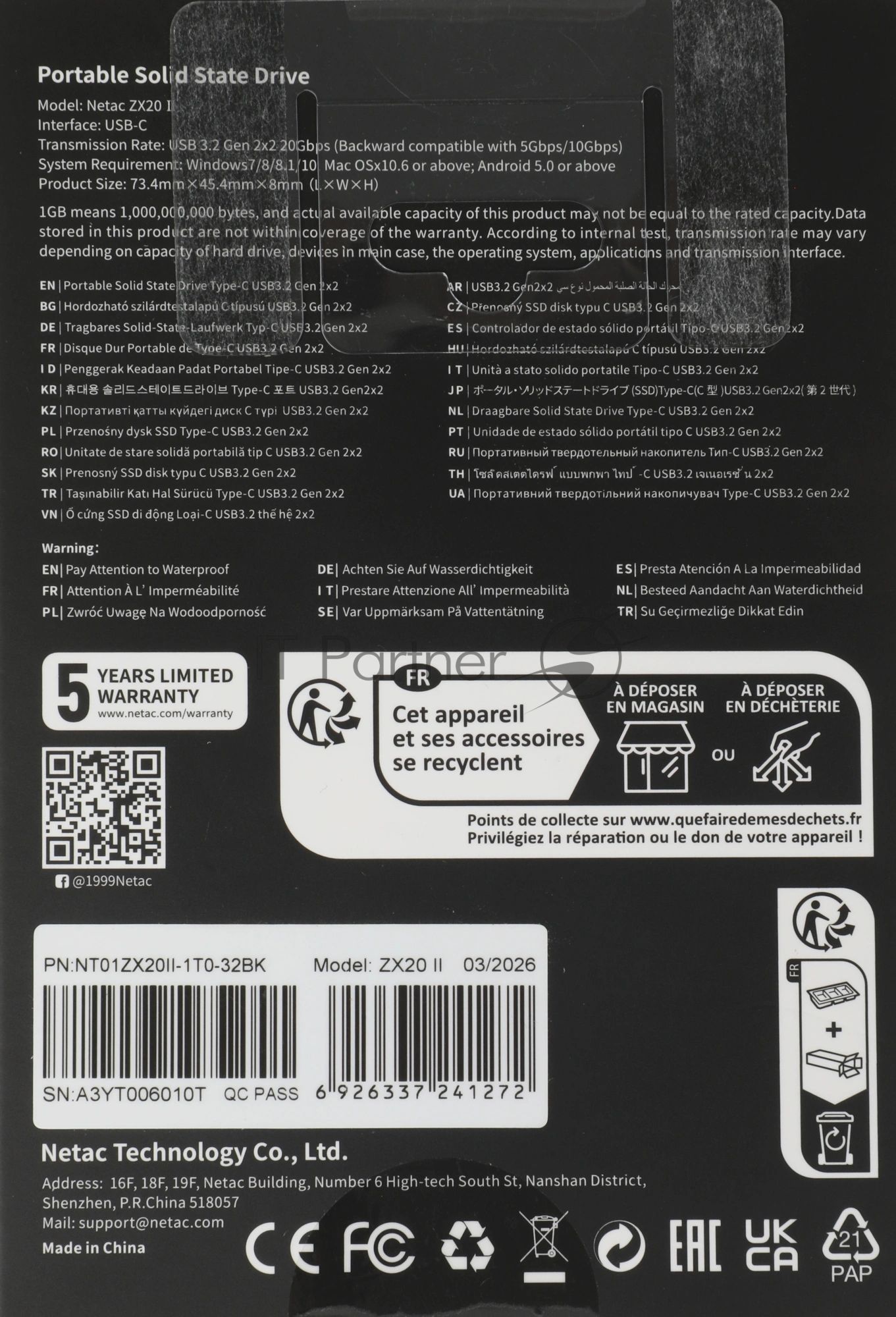 Внешний SSD Netac ZX20 II, 1TB, USB 3.2 Gen 2x2 Type-C, R/W 2000/1800, черный