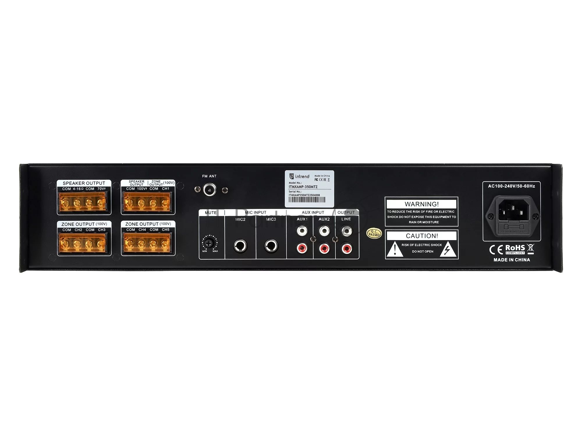 Микшер-усилитель Intrend ITMXAMP-350MTZ зональный, 5 зон. MP3, FM-тюнер, USB, Bluetooth, 3хMic/2хLine входы, 1хLine выход, 350 Вт, 4-16 Ом/100V, IR-пульт в комплекте
