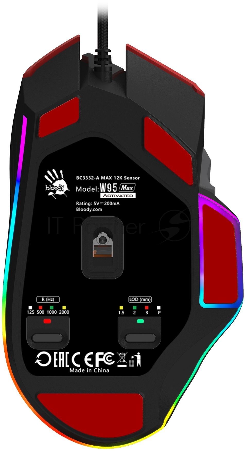 Мышь проводная A4Tech Bloody W95 Max Sports красный/черный оптическая (12000dpi) USB (10but)