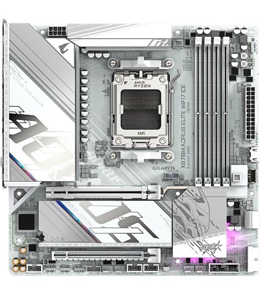 Материнская плата Gigabyte X870M AORUS ELITE WIFI7 ICE, AM5, AMD X870, 4xDDR5, 2xSATA, 2xM.2, 1xPCIe 5.0 x16, 1xPCIe 4.0 x16, 1xHDMI, 1x2.5Gb LAN, Wi-Fi 7, Bluetooth 5.4, 2xUSB-C 40Gbps (USB4), 2xUSB-A 10Gbps, 4xUSB-A 5Gbps, 4xUSB-A 2.0, 3x3.5 мм + S/PDIF