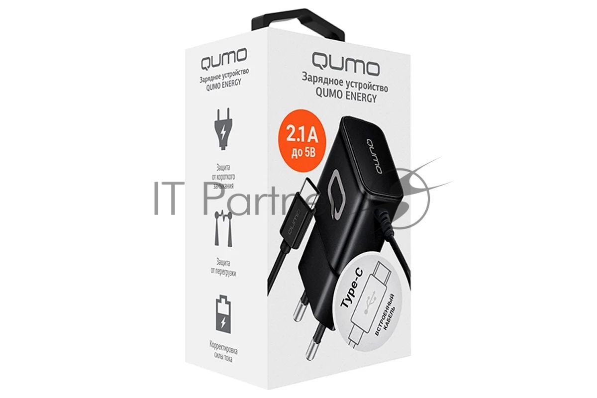 Сетевое зарядное устройство Qumo Energy (Charger 0025) 2.1A, встроенный кабель TYPE-C, черный