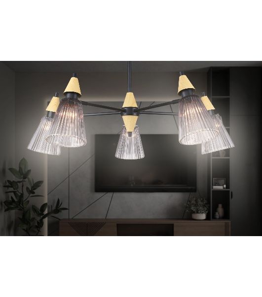 Люстра Ambrella light LH58114/5 BK/LW/SM черный/светлое дерево/дымчатый E14*5 max 40W D660*390