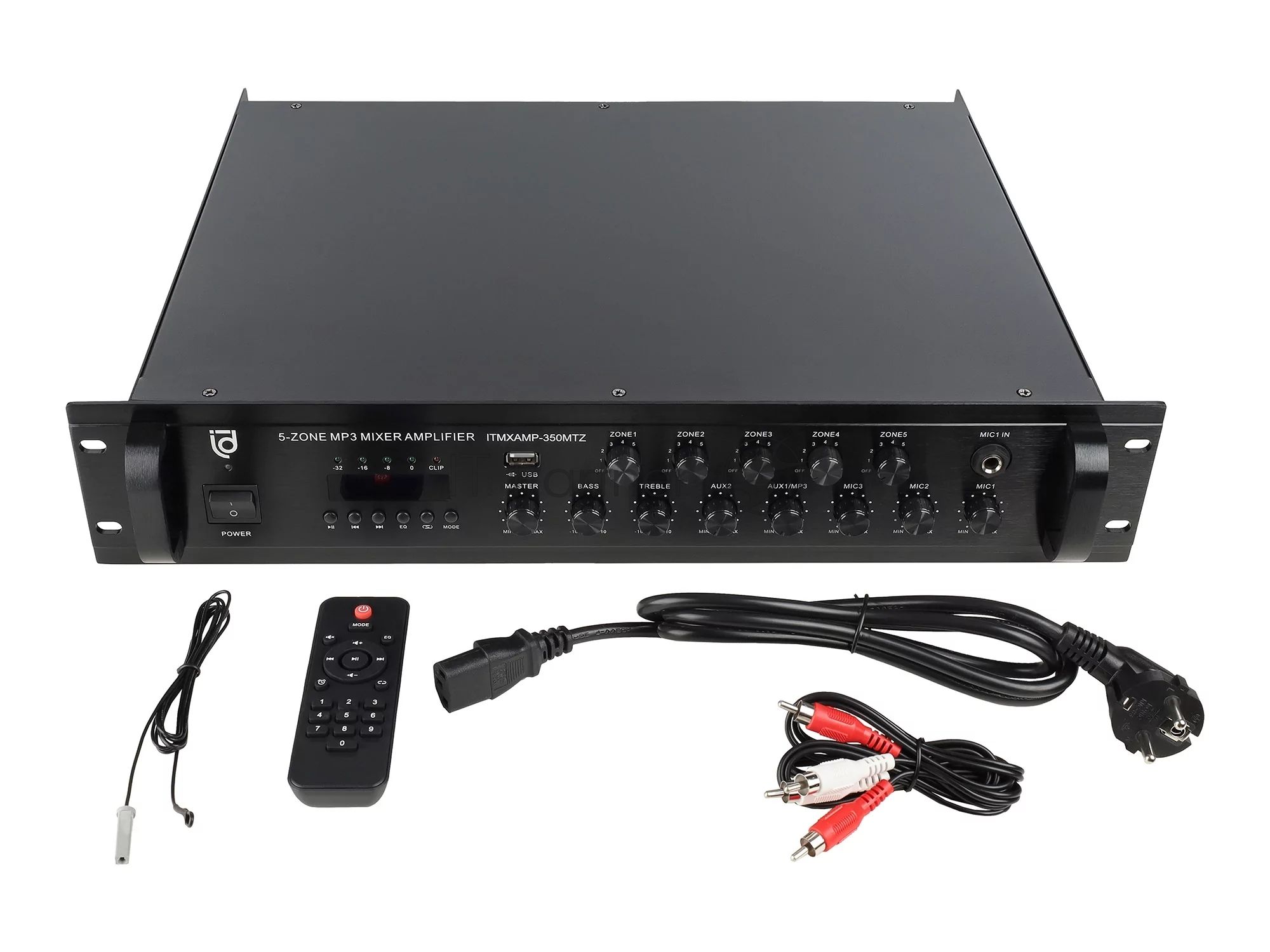 Микшер-усилитель Intrend ITMXAMP-350MTZ зональный, 5 зон. MP3, FM-тюнер, USB, Bluetooth, 3хMic/2хLine входы, 1хLine выход, 350 Вт, 4-16 Ом/100V, IR-пульт в комплекте
