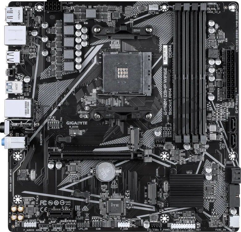 Материнская плата Gigabyte B450M D3HP WIFI6E, AM4, AMD B450, 4xDDR4, 4xSATA 6Gb/s, 2xM.2, 1xPCIe 3.0 x16, 1xPCIe 2.0 x1, 2xHDMI, 1xDisplayPort, 1x1Gb LAN, 4xUSB 3.2 Gen 1, 3xUSB 2.0, 3x3.5 мм, 7.1, microATX