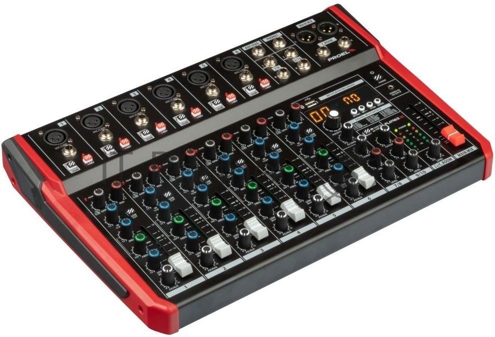 Микшерный пульт PROEL PLAYMIX10 10-ти канальный, 24 бит/48 кГц DSP, Bluetooth, медиа-плеер, 6x XLR+1/4" TRS микр./лин. входа, 2х 1/4" TRS (L/R) стерео лин. входа, 2x XLR Main вых., 2x 1/4" TRS вых. для мониторов, USB аудио интерфейс, 2x USB-A порта