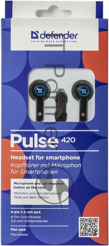 Гарнитура Defender Pulse-420 черный/синий 4-пин 3 5 мм jack кабель 1.2 м