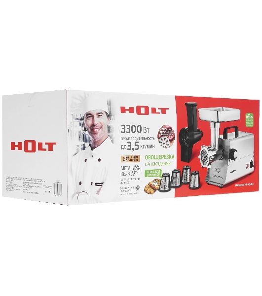 Мясорубка электрическая HOLT HT-MG-010 серый, 3300 Вт, 3.5 кг/мин, реверс, насадки - 4