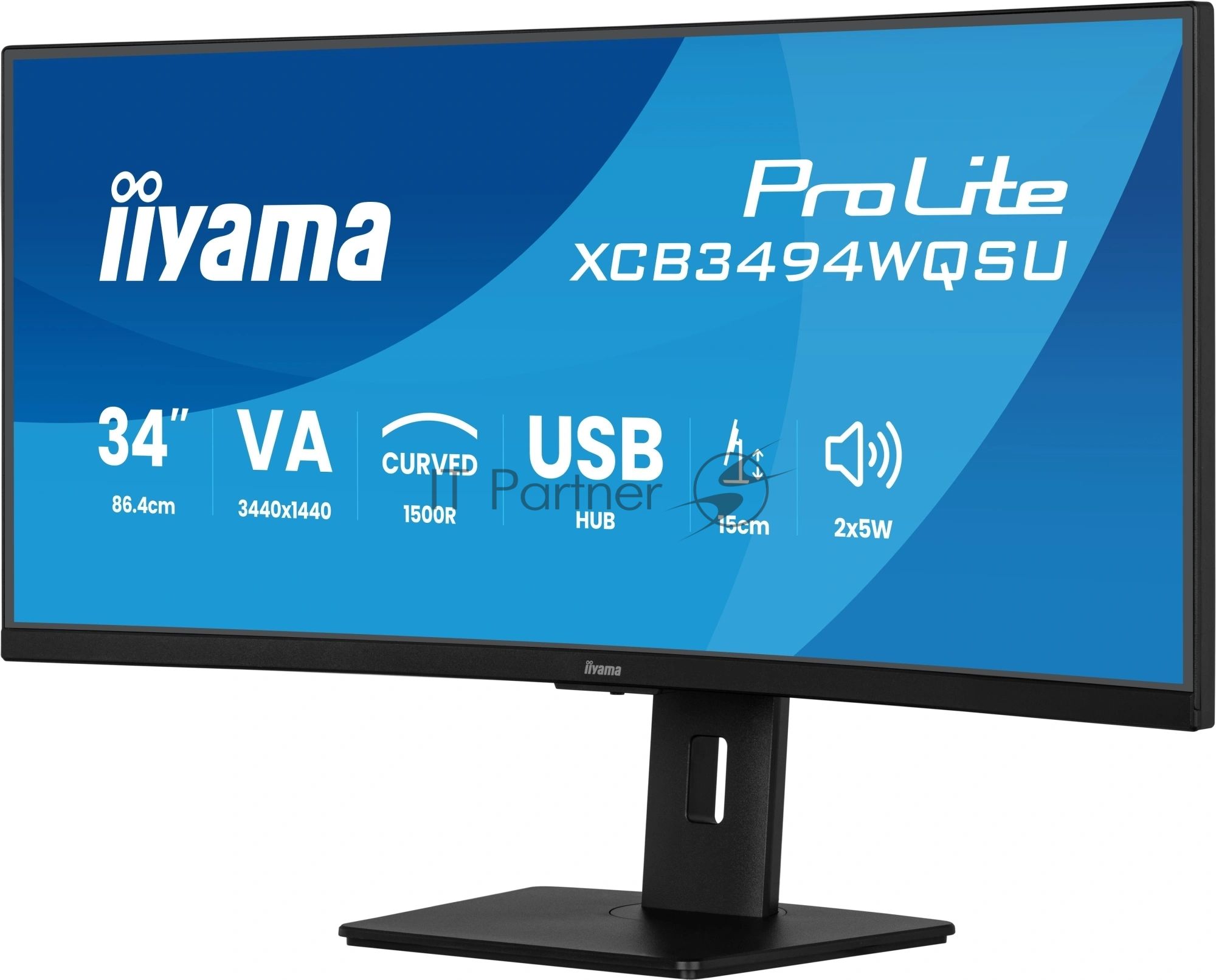 Монитор 34" Iiyama ProLite XCB3497WQSNPH-B1 VA 3440x1440, 120 Гц, 0.4 мс, 21:9, 350 кд/м², HDMI 2.0, HDMI 1.4, DP 1.4, USB-C (95 Вт), 3.5 Jack, USB Hub (4x USB 3.0), Ethernet, динамики (2x5 Вт), веб-камера (5 Мп), FreeSync Premium, изогнутый экран (1500R)