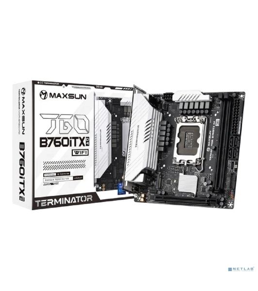 Материнская плата Maxsun Terminator B760ITX D4 WIFI V3, LGA 1700, Intel B760, 2xDDR4 (до 64 ГБ), 4xSATA, 2xM.2 (PCIe 4.0 x4), 1xPCIe 5.0 x16, 1xHDMI, 1xDP, 1x2.5Gb LAN, Wi-Fi 6E, Bluetooth 5.3, 1xUSB-C 20Gbps, 4xUSB-A 5Gbps, 4xUSB-A 2.0, 3x3.5 мм, 7.1, чё
