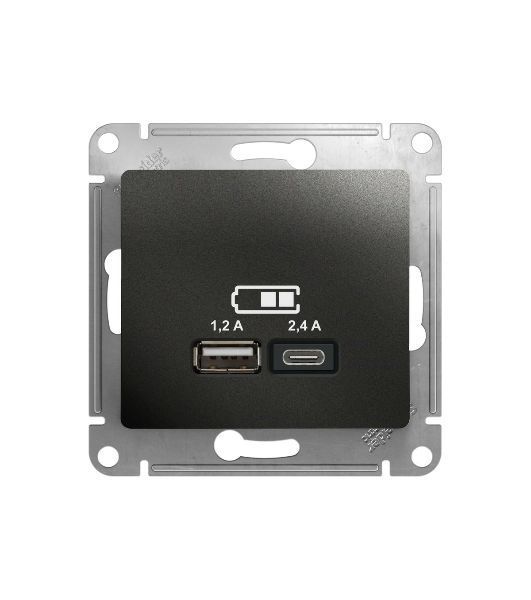 Розетка SE Glossa USB A+С, 5В/2,4А, 2х5В/1,2А антрацит