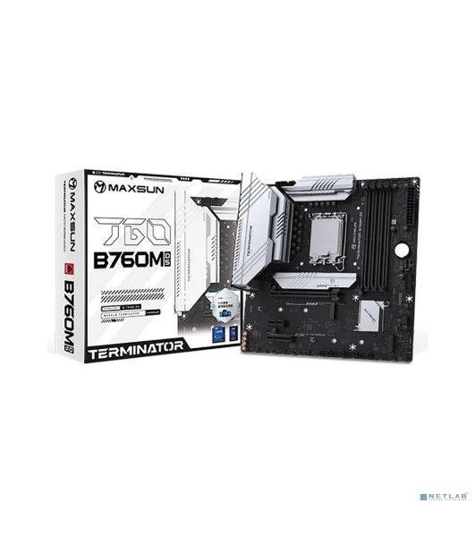 Материнская плата MAXSUN MS-Terminator B760M D5 WIFI 6E, LGA1700, Intel B760, 4xDDR5, 4xSATA, 3xM.2, 1xPCIe 5.0 x16, 1xPCIe 4.0 x4, 1xPCIe 3.0 x1, 1xHDMI, 1xDP, 1x2.5Gb LAN, Wi-Fi 6E, Bluetooth 5.3, 2xUSB-A 10Gbps, 6xUSB-A 2.0, 3x3.5 мм, 5.1, mATX
