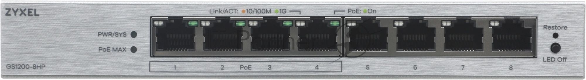 Коммутатор ZYXEL GS1200-8HPV3-EU0101F, 8×1 Гбит/с, 4×PoE+, 68 Вт, управляемый