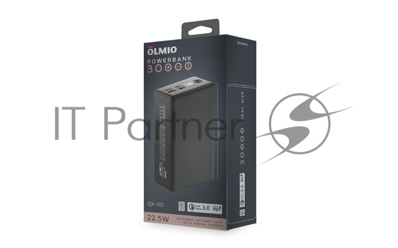 Внешний аккумулятор OLMIO QX-30, 30000mAh, 22.5W, QuickCharge3.0/PowerDelivery, LCD, графитовый