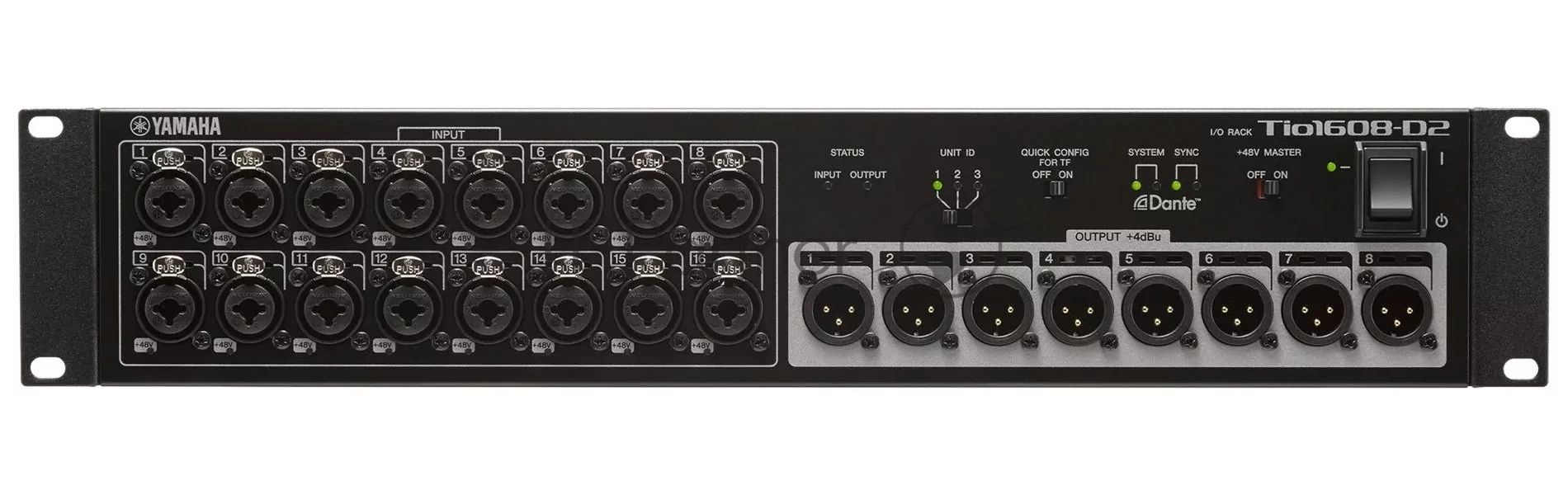 Модуль Yamaha [TIO1608-D2] [VGM3590] коммутационный с 16 вх. (XLR) и 8 вых.(XLR), со встроенным протоколом сетевого цифрового аудио Dante. 48 кГц 24 bit. Соединение в цепи Stagebox до 3-х штук (QUICK CONFIG). 2U.