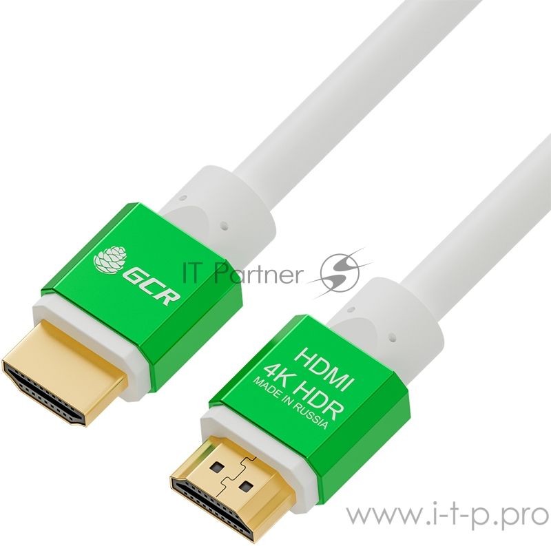 Кабель Greenconnect 1.0m HDMI версия 2.0, HDR 4:2:2, Ultra HD, 4K 60 fps 60Hz/5K*30Hz, 3D, AUDIO, 18.0 Гбит/с, 28/28 AWG, OD7.3mm, тройной экран, белый, AL корпус зеленый