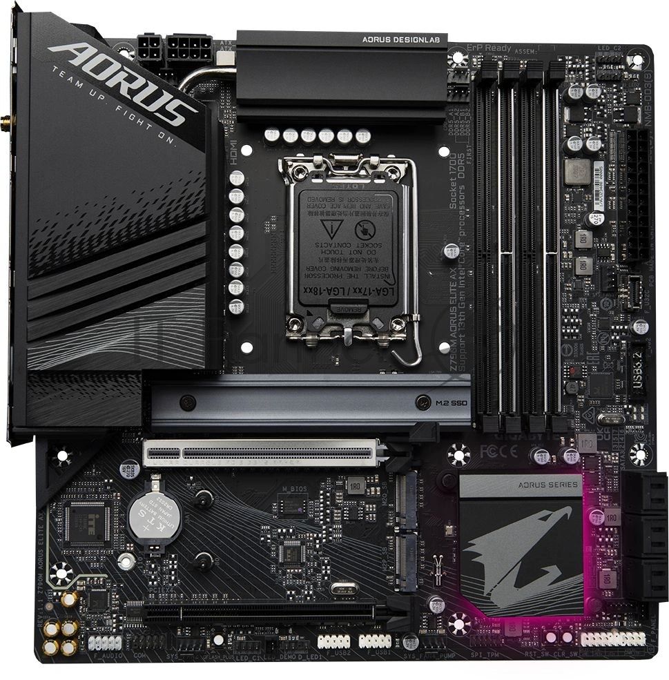 Материнская плата Gigabyte Z790M AORUS ELITE AX, LGA1700, Intel Z790, 4xDDR5, 6xSATA, 3xM.2, 1xPCIe 5.0 x16, 1xPCIe 4.0 x4, 1xHDMI, 1xDisplayPort, 1x 2.5Gb LAN, 1xUSB 3.2 Gen 2x2 Type-C, 1xUSB 3.2 Gen 2, 4xUSB 3.2 Gen 1, 4xUSB 2.0, 2x3.5 мм, 7.1, microATX