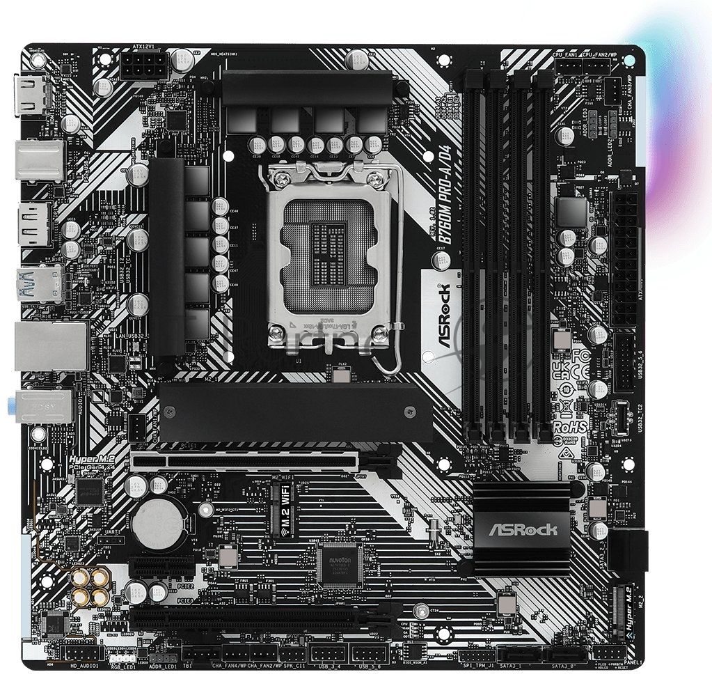 Материнская плата ASRock B760M Pro-A/D4, LGA1700, Intel B760, 4xDDR4, 4xSATA 6Gb/s, 2xM.2, 1xPCIe 4.0 x1, 2xPCIe 4.0 x16, 1xHDMI, 1xDisplayPort, 1x2.5Gb LAN, 1xUSB 3.2 Gen1 Type-C, 3xUSB 3.2 Gen1 Type-A, 2xUSB 2.0, 3x3.5 мм, 7.1, microATX