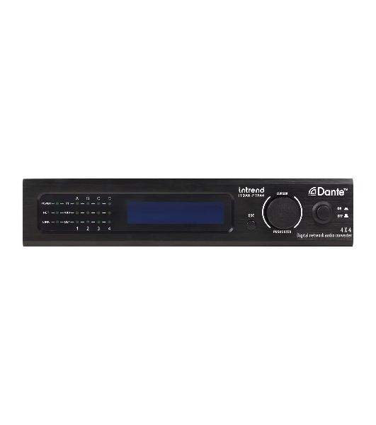 Конвертор Intrend ITDAN-PTR44 Dante - аналог. 4 входа/4 выхода phoenix, 2xRJ45(Dante). встроенный аудиопроцессор (gain, phantom power, mute). Управление ethernet/RS232. Питание 12V