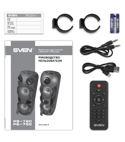 Колонка АС SVEN PS-750, черный (80 Вт, TWS, Bluetooth, FM, USB, microSD, LED-дисплей, 2х4400мА*ч)