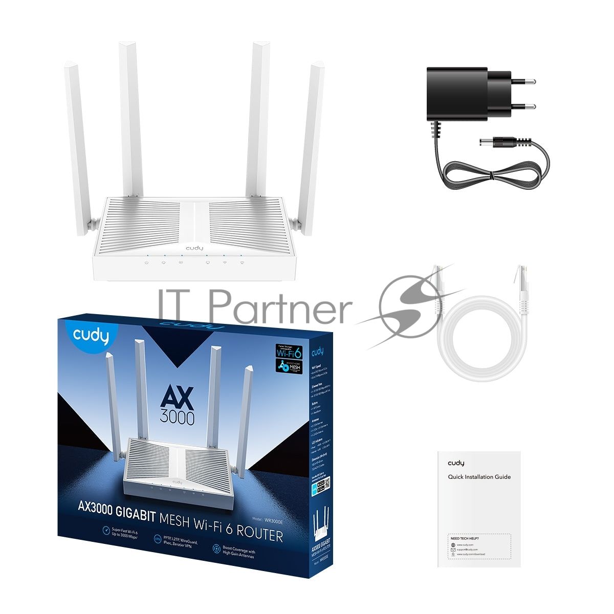 Роутер беспроводной Cudy WR3000E 2.0 Гигабитный роутер Wi-Fi 6 AX3000, 2,4/5 ГГц, до 2976 Мбит/с, 5x1 Гбит/с, IPv6, 4 антенны, черный