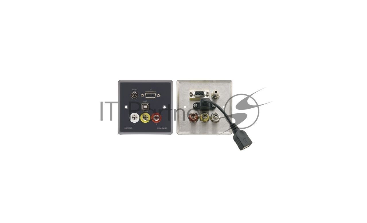 Настеннная панель Kramer Electronics WAV-6UBA/EU/GB(G) с проходными разъемами для VGA (розетки HD-15), USB (розетки А-А), композитного видео (розетки RCA) и стерео аудио (розетки RCA + 3,5-мм розетки). Цвет серый.