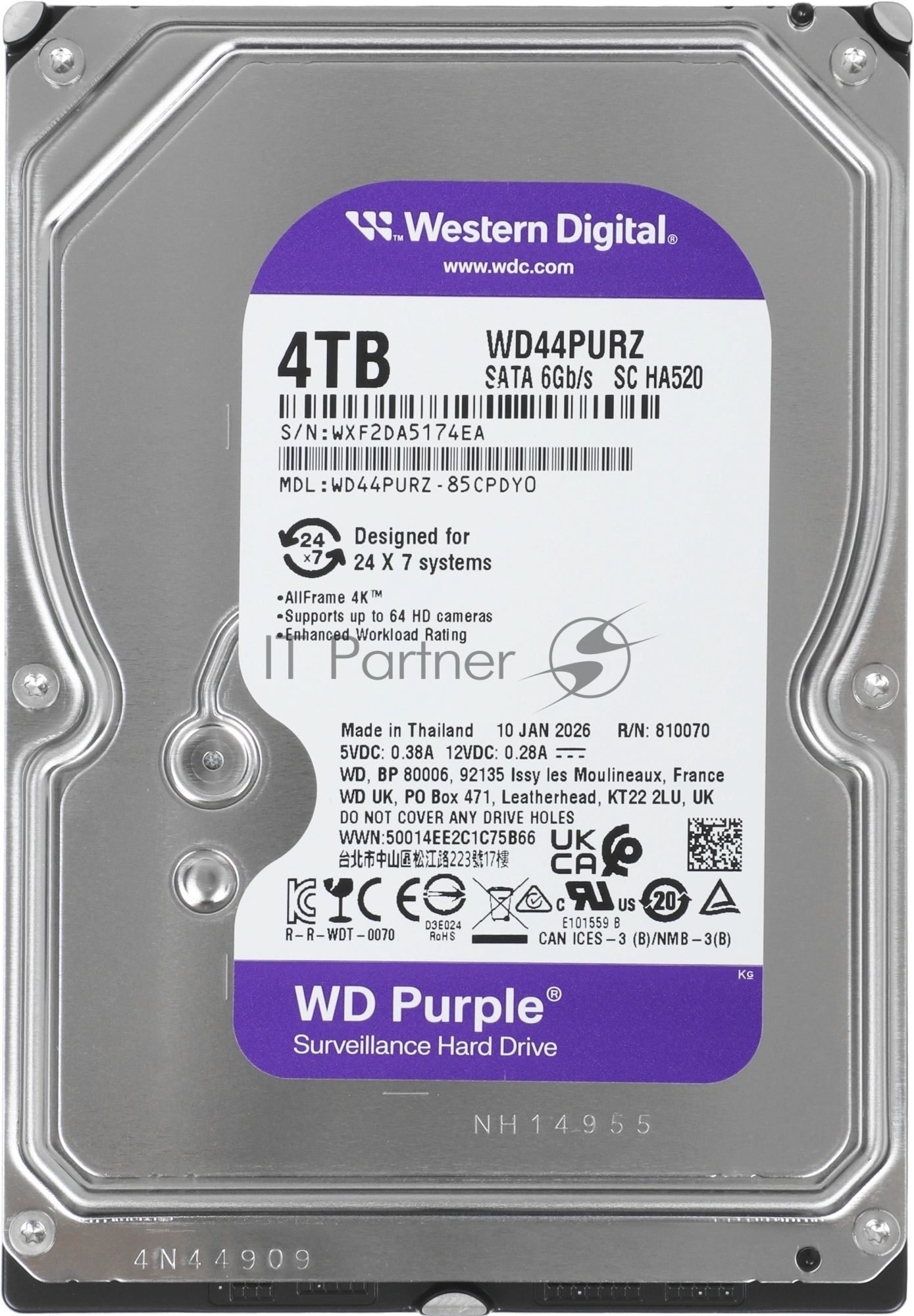 Жесткий диск Western Digital 4TB 5400 Purple Pro Surveillance, Cache 128MB