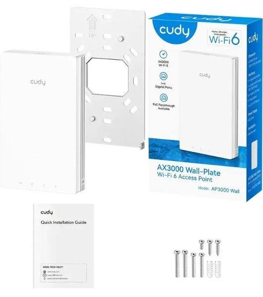 Точка доступа Wi-Fi Cudy AX3000 Gigabit Wall-Plate Wi-Fi 6 Access Point AX3000 Dual Band Wi-Fi 6 Wall Plate Access Point, Chipset MT7981+MT7531AE+MT7976CN, 802.11ax/ac/a/b/g/n, 2402Mbps at 5GHz + 574Mbps at 2.4GHz, 1 x Gigabit PoE-IN Port, 802.3af/at, 4 x