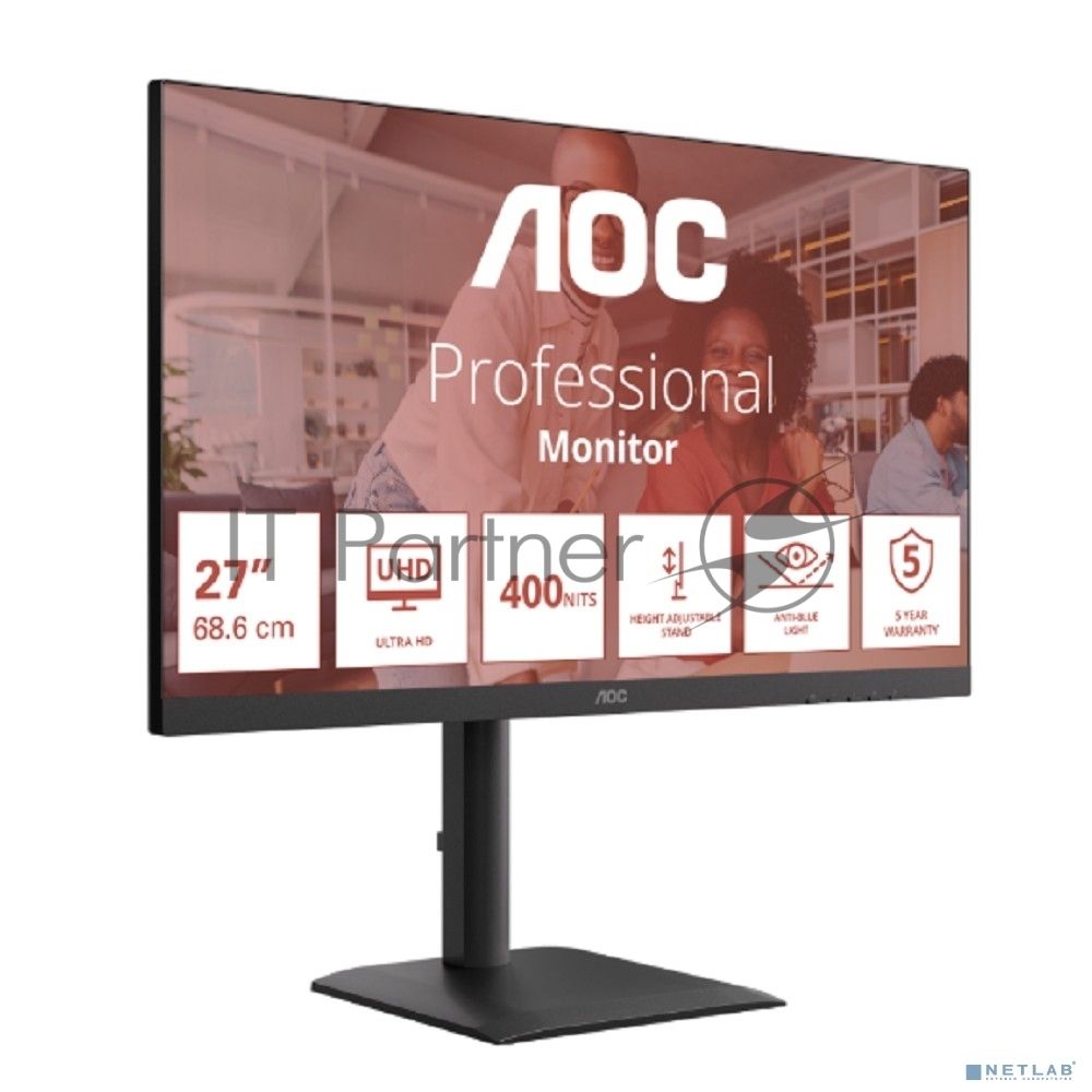Монитор 27" AOC U27E4CV IPS 3840x2160, 60 Гц, 4 мс, 16:9, 400 кд/м², 2xHDMI 2.0, DP 1.4, DP Out, USB-C (90 Вт), USB Hub (4x USB 3.2), RJ45, 3.5 Jack, динамики (2x2 Вт), HDR Ready, Adaptive-Sync, VESA 100x100, черный