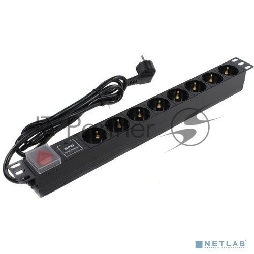 Блок розеток горизонтальный ExeGate ServerPro PDU-19H807 Al-8S-EU2-SW-SPD1, 19", 1U, Алюминий, 8 Schuko, кабель с евровилкой VDE-250V-16A-3*1.5мм2, 2 метра, выкл. с подсветкой, SPD1, черный