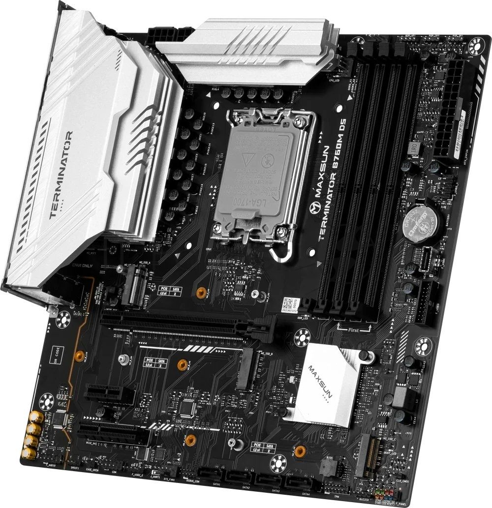 Материнская плата Maxsun MS-Terminator B760M D5 V2, LGA1700, Intel B760, 4xDDR5, 4xSATA, 3xM.2, 1xPCIe 5.0 x16, 1xPCIe 3.0 x4, 1xPCIe 3.0 x1, 1xHDMI, 1xDisplayPort, 1x 2.5Gb LAN, 6xUSB 2.0, 2xUSB 3.2 Gen2, 3x3.5 мм, 5.1, microATX