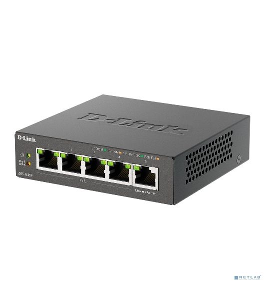 Неуправляемый коммутатор D-Link DGS-1005P/L (ревизия A1) с 5 портами 10/100/1000Base-T (4 порта PoE 802.3af/at, PoE-бюджет 60 Вт)