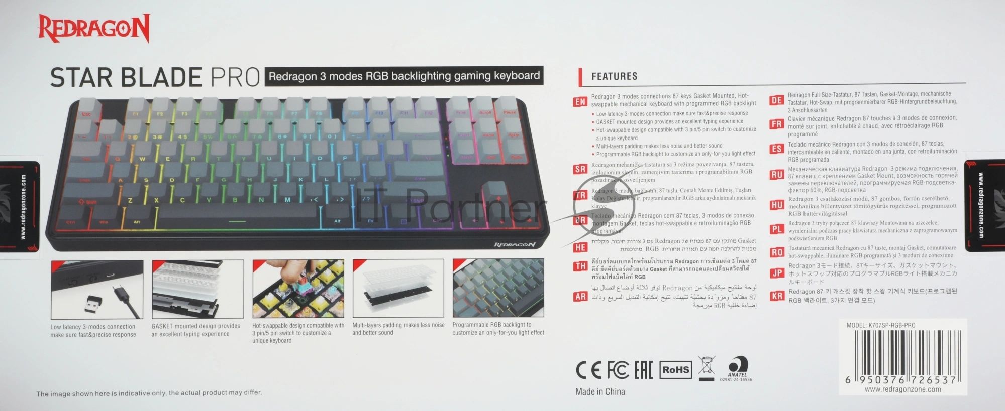 Клавиатура Redragon Star Blade Pro гибридная, USB Type-A, Bluetooth, радиоканал, чёрный