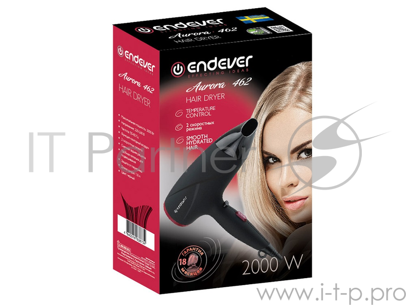 Фен EndeverAurora 462, 2000Вт, 2 режима мощности, 3 температурных режима, холодный воздух, SOFT TOUCH, защита от перегрева