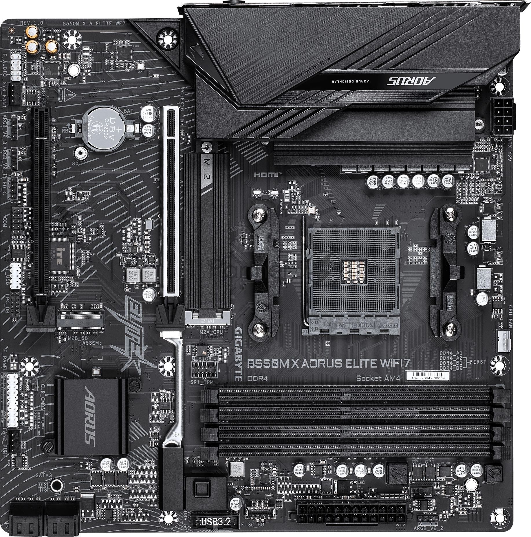 Материнская плата Gigabyte B550M X AORUS ELITE WIFI7, AM4, AMD B550, 4xDDR4, 4xSATA, 2xM.2, 1xPCIe 4.0 x16, 1xPCIe 3.0 x4, 1xHDMI, 1xDisplayPort, 1x 2.5Gb LAN, 5xUSB 3.2 Gen 1, 1xUSB Type-C, 2xUSB 2.0, 3x3.5 мм, 7.1, microATX