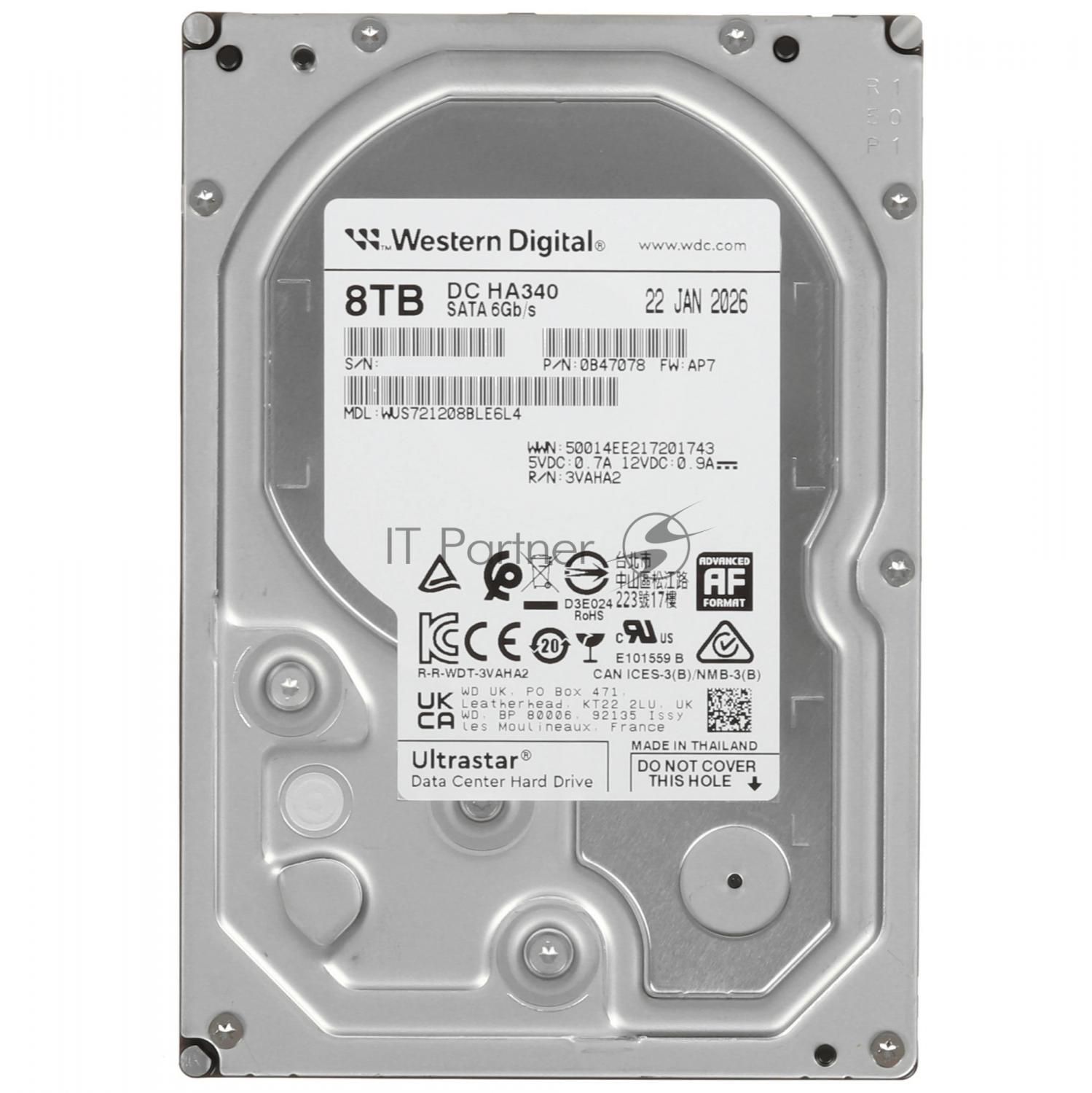 Жесткий диск серверный Western Digital 3.5" 8TB WD (WUS721208BLE6L4) SATA 6Gb/s, 7200rpm, 256MB 0B47078