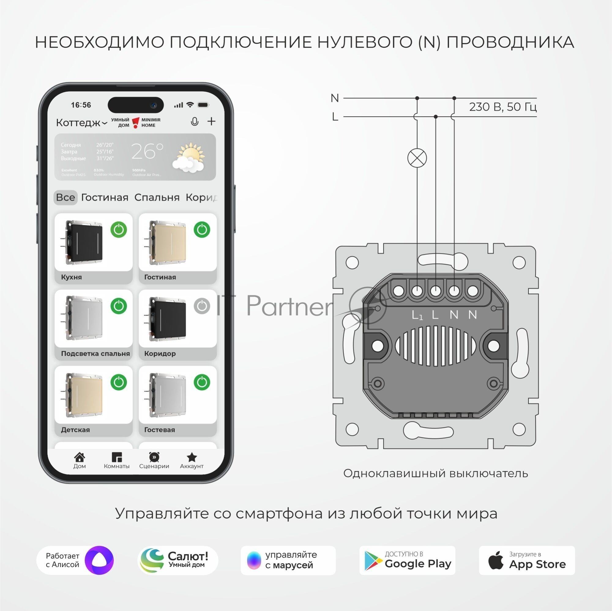 Умный сенсорный выключатель одноклавишный (черный)