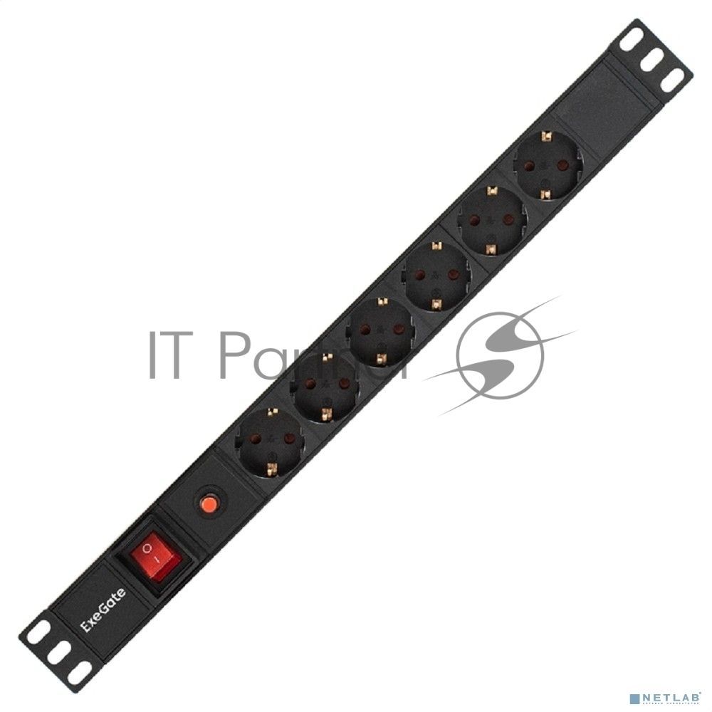 Блок розеток горизонтальный ExeGate ServerPro PDU-19H605 Al-6S-C14-SW-O, 19", 1U, Алюминий, 6 Schuko, С14, выкл. с подсветкой, защита от перегрузки, черный