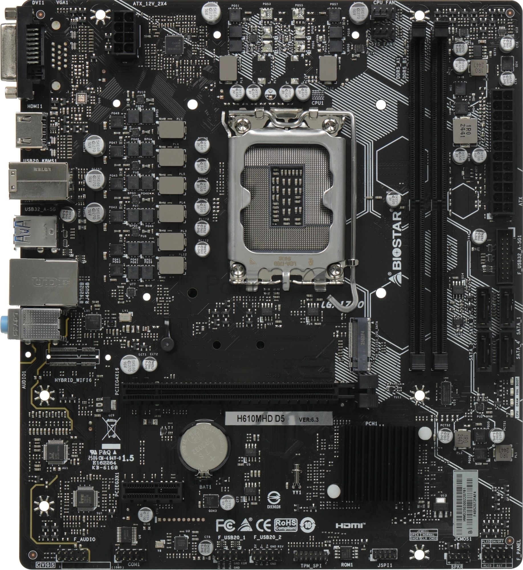 Материнская плата Biostar H610MHD D5, LGA1700, Intel H610, 2xDDR5, 4xSATA, 1xM.2, 1xPCIe 4.0 x16, HDMI, DVI-D, 1x1Gb LAN, 3x3.5 мм, 7.1, microATX