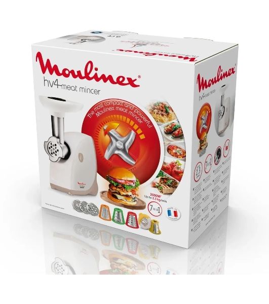 Мясорубка электрическая Moulinex ME476132 белый/бежевый, 2000 Вт, 2.3 кг/мин, защита от перегрузки, насадки - 9