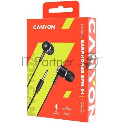 Наушники  CANYON CNE-CEPM01B Stereo earphones with microphone, Black