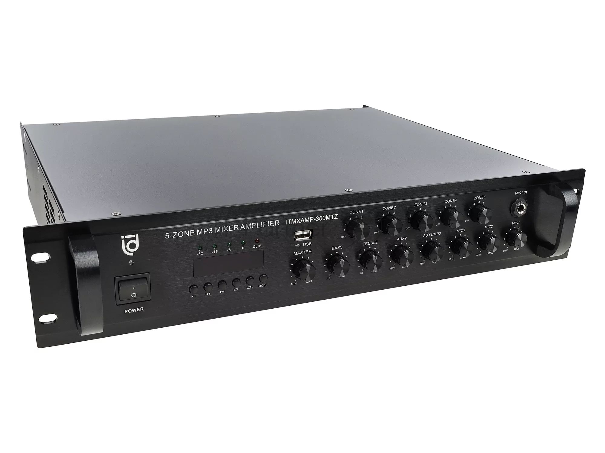 Микшер-усилитель Intrend ITMXAMP-350MTZ зональный, 5 зон. MP3, FM-тюнер, USB, Bluetooth, 3хMic/2хLine входы, 1хLine выход, 350 Вт, 4-16 Ом/100V, IR-пульт в комплекте