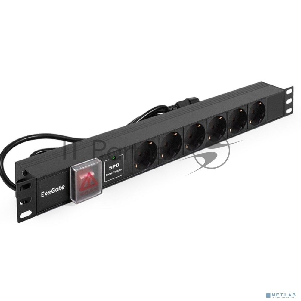Блок розеток горизонтальный ExeGate ServerPro PDU-19H609 Al-6S-C14-2, 19", 1U, Алюминий, 6 Schuko, кабель с вилкой C14 VDE-250V-10A-3*1.0мм2, 2 метра, выкл. с подсветкой, SPD1, черный