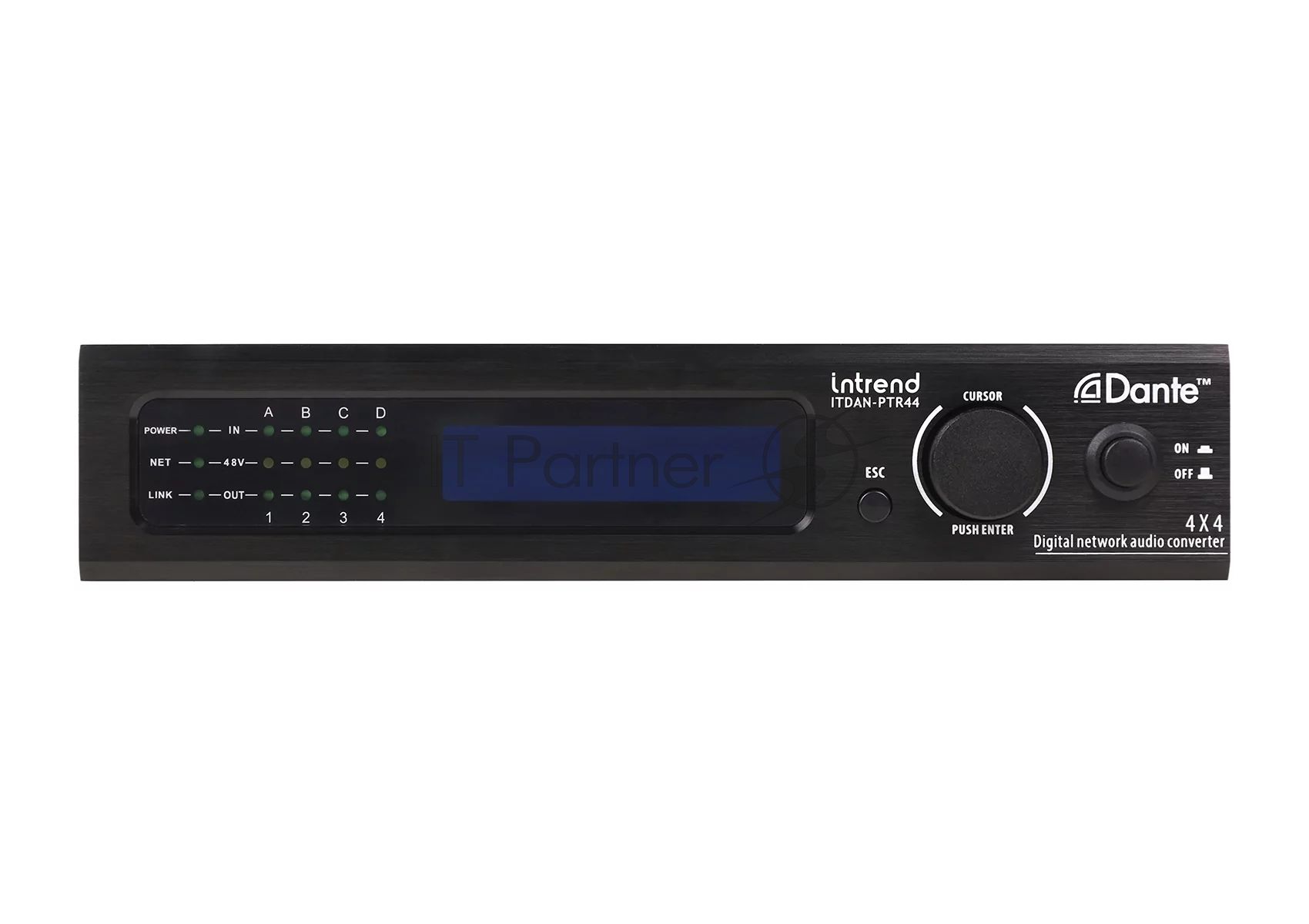 Конвертор Intrend ITDAN-PTR44 Dante - аналог. 4 входа/4 выхода phoenix, 2xRJ45(Dante). встроенный аудиопроцессор (gain, phantom power, mute). Управление ethernet/RS232. Питание 12V